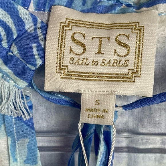 NWT STS Sail to Sable Palm Print Blue White Long Sleeve Top Sz S Tassel Neck Tie - Picture 3 of 9